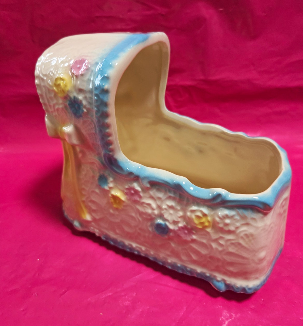 Vtg Ceramic Baby Carriage Planter Floral Glazed 3D Pink Blue Yellow White 7in
